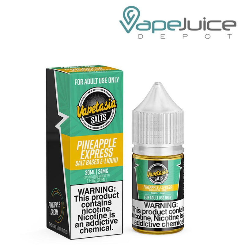 A box of Pineapple Express Vapetasia Salts with a warning sign and a 30ml bottle next to it - Vape Juice Depot