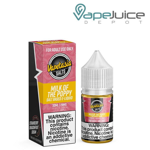 A box of Milk Of The Poppy Vapetasia Salts with a warning sign and a 30ml bottle next to it - Vape Juice Depot