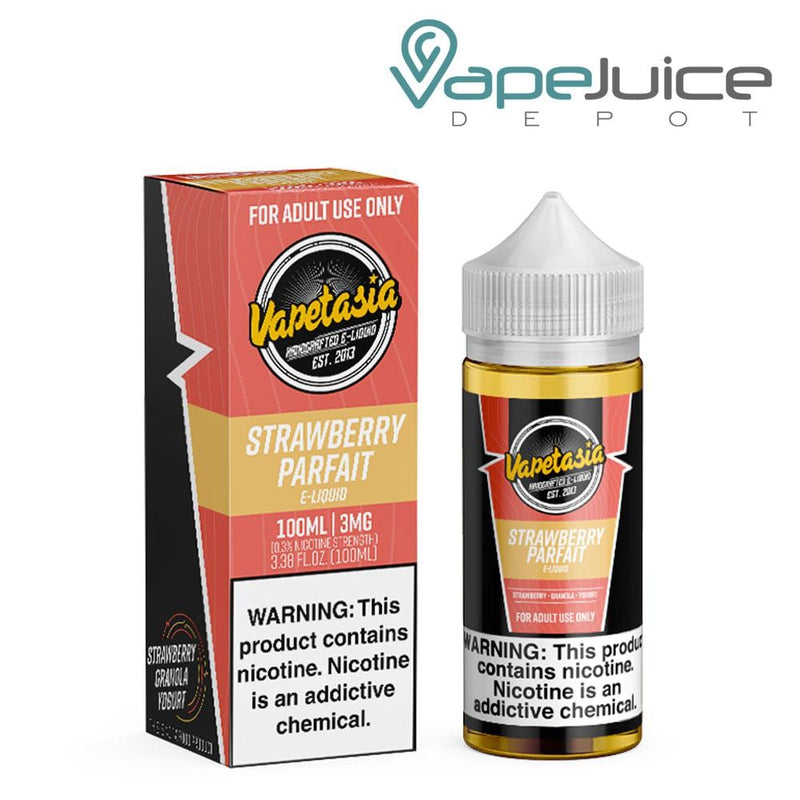 A box of 100ml  Parfait Strawberry Vapetasia eLiquid and a bottle with a warning sign next to it - Vape Juice Depot