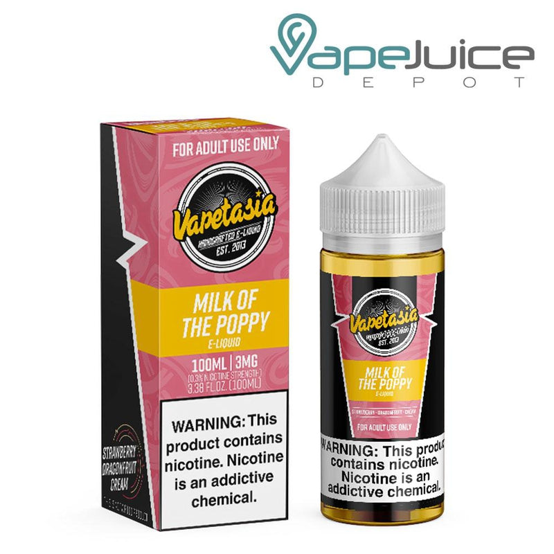 A box of  Milk Of The Poppy Vapetasia eLiquid and a 100ml bottle with a warning sign next to it - Vape Juice Depot