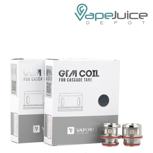 Two boxes of Vaporesso Cascade Tank GTM Replacement Coils and two coils next to it - Vape Juice Depot