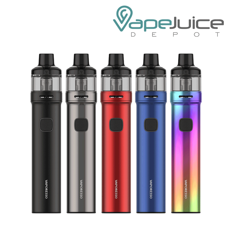Fivr different colors of Vaporesso GTX Go 80 Pod Kit with their Intuitive Single Buttons - Vape Juice Depot