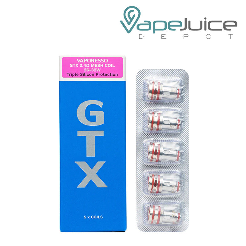 A box of Vaporesso GTX Replacement Coils 0.4ohm and 5-pack next to it - Vape Juice Depot