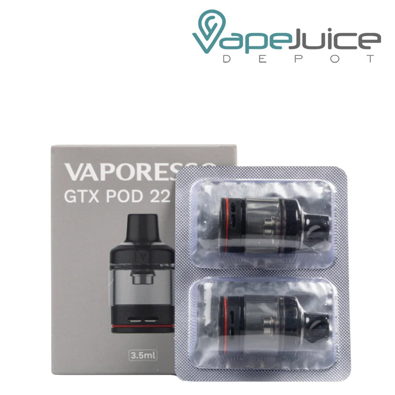 A box of Vaporesso GTX Pod 22 Replacement Pods and 2-pack next to it - Vape Juice Depot