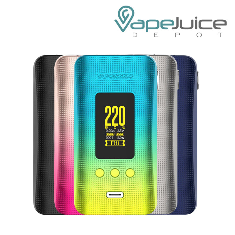 Five colors of Vaporesso GEN 200 Box Mod with a display screen and a type C port - Vape Juice Depot