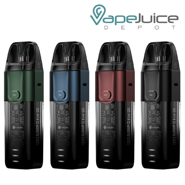 Four colors of Vaporesso LUXE X Pod Kit with firing button - Vape Juice Depot
