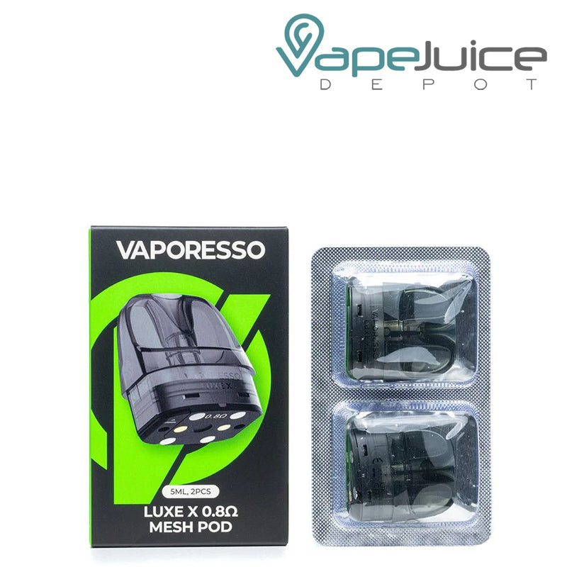 A Box of Vaporesso LUXE X Replacement Pods 0.8ohm and a pack of pods next to it - Vape Juice Depot