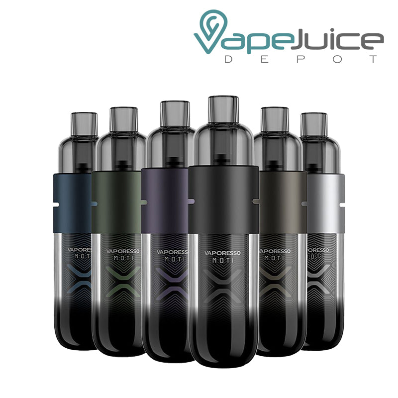 Six different colors of Vaporesso Moti X Mini Kit - Vape Juice Depot