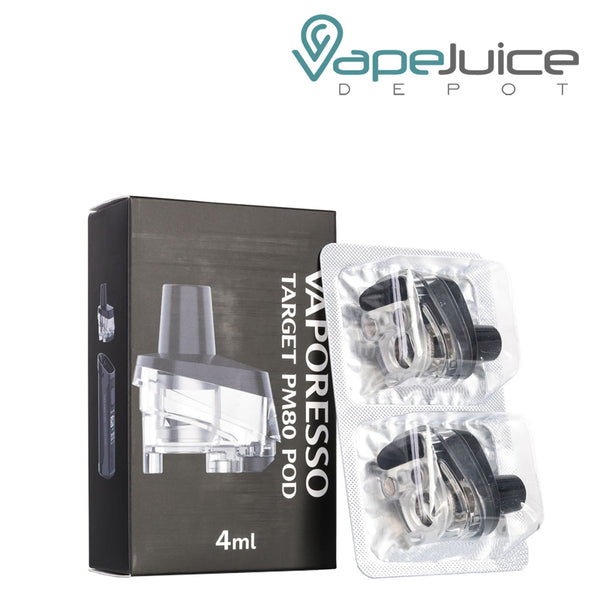 A box of Vaporesso TARGET PM80 Replacement Pods and two pods next to it - Vape Juice Depot