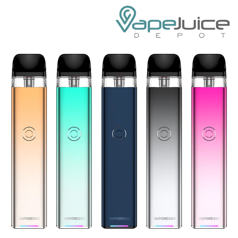 Five colors of Vaporesso XROS 3 Pod System with a firing button - Vape Juice Depot