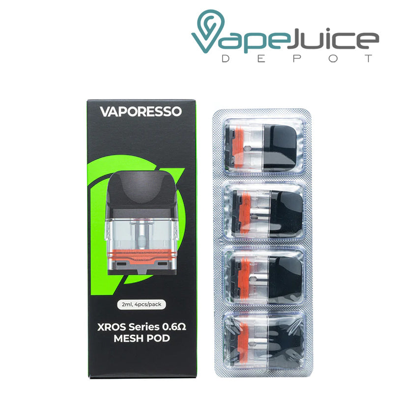 A Box of 0.6ohm Vaporesso XROS Replacement Pods and 4 pods next to it - Vape Juice Depot