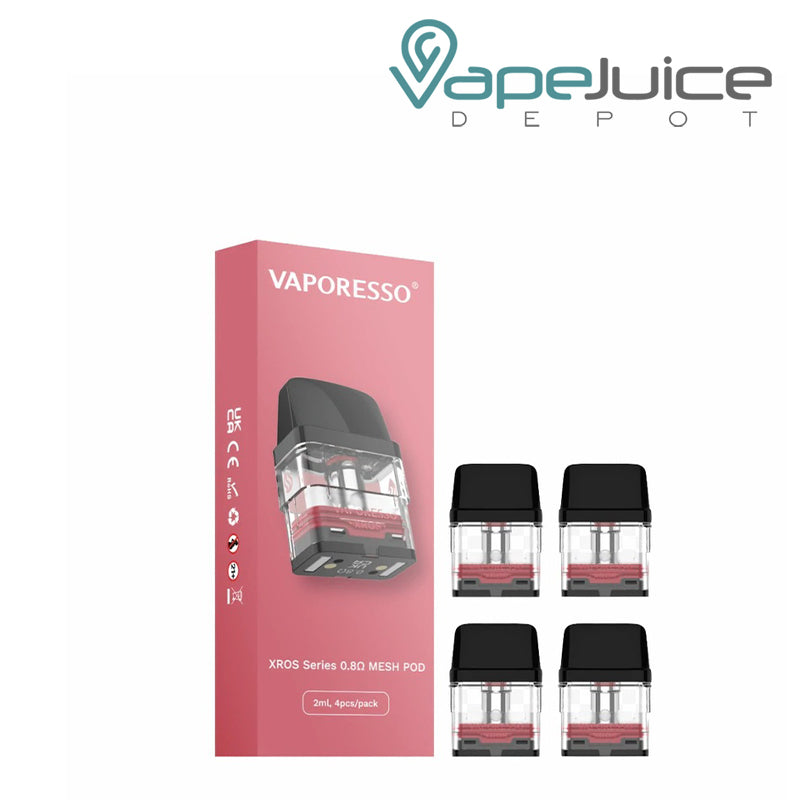 A Box of 0.8ohm Vaporesso XROS Replacement Pods and 4 pods next to it - Vape Juice Depot