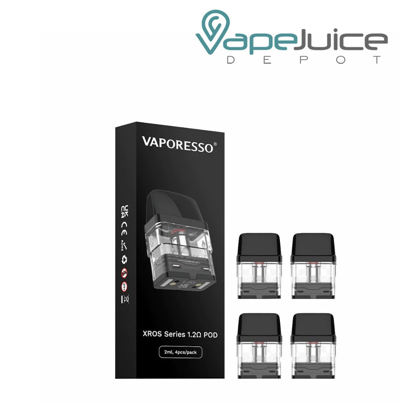 A Box of 1.2ohm Vaporesso XROS Replacement Pods and 4 pods next to it - Vape Juice Depot
