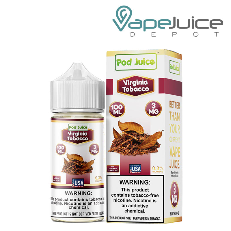 A 100ml bottle of Virginia Tobacco Pod Juice TFN eLiquid with a warning sign and a box next to it - Vape Juice Depot