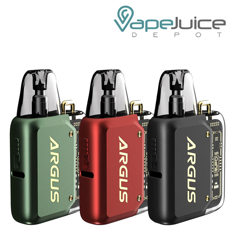 Three colors of VooPoo ARGUS P1 Pod System Kit - Vape Juice Depot