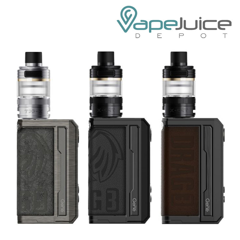 Three different colors of VooPoo DRAG 3 TPP X Kit with a firing button and two adjustment buttons  - Vape Juice Depot