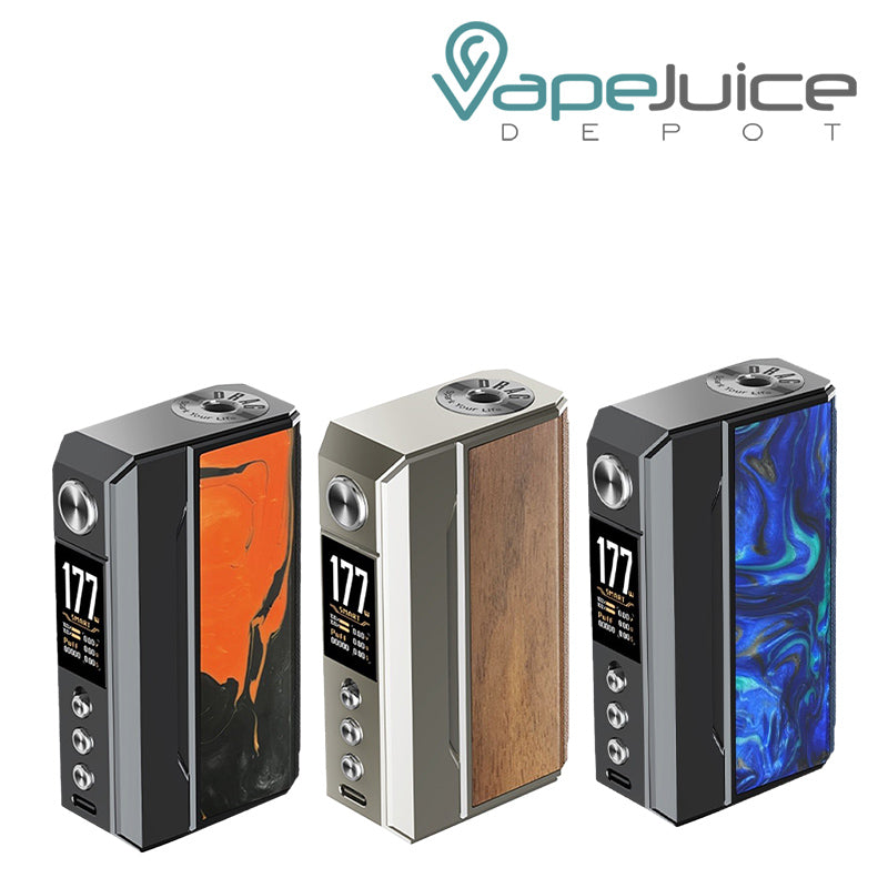 Three colors of VooPoo DRAG 4 Box Mod with TFT Full Color Screen and adjustment buttons - Vape Juice Depot