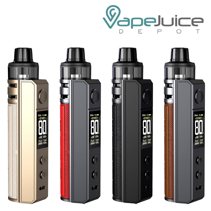 Four colors of VooPoo DRAG H80S Pod Mod Kit with TFT color screen and adjustment buttons - Vape Juice Depot