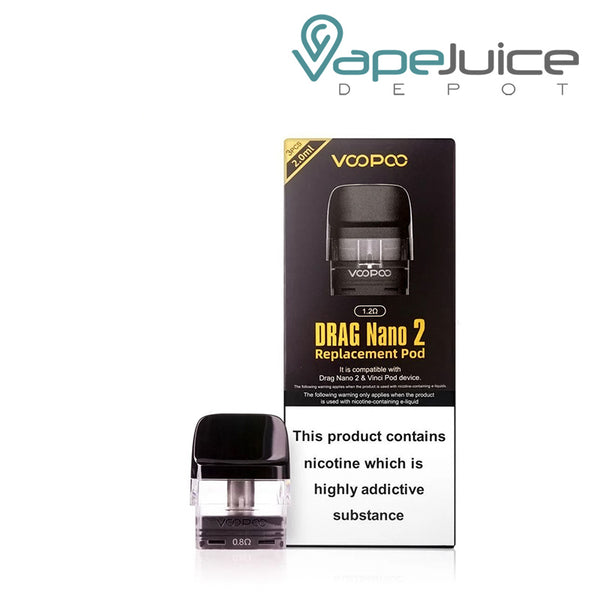 A box of VooPoo DRAG Nano 2 Replacement Pods with a warning sign and a pod net to it - Vape Juice Depot