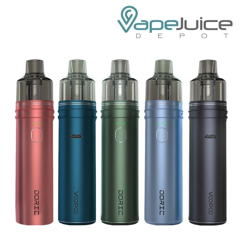 Five different colors of VooPoo Doric 60 Pod System Kit with a firing button - Vape Juice Depot