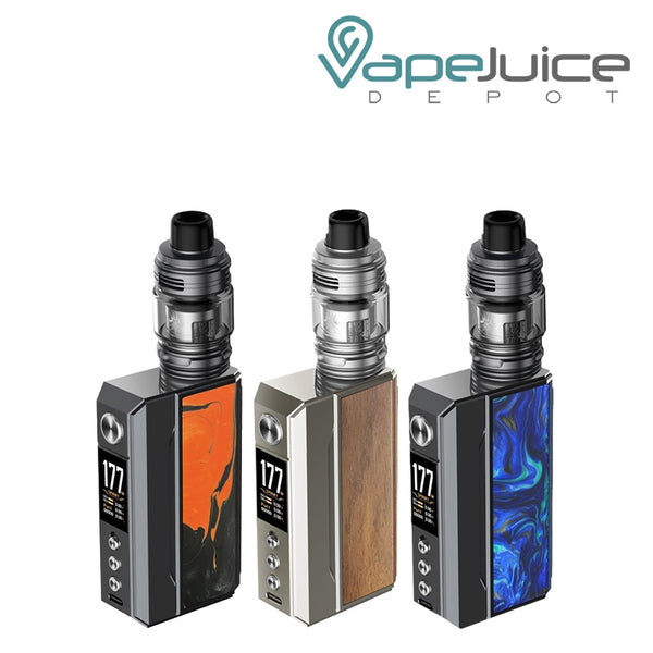 Three colors of VooPoo DRAG 4 Box Mod Kit with TFT full color screen and adjustment buttons - Vape Juice Depot