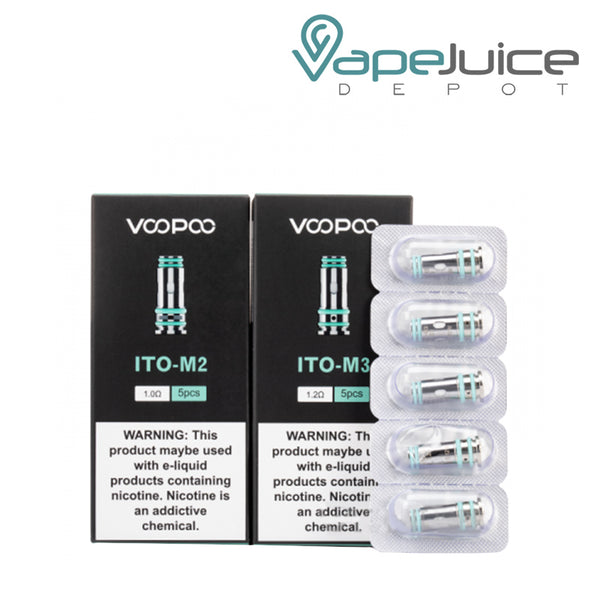 2 Boxes of VooPoo ITO Replacement Coils with a warning sign and a 5 pack coils next to it - Vape Juice Depot