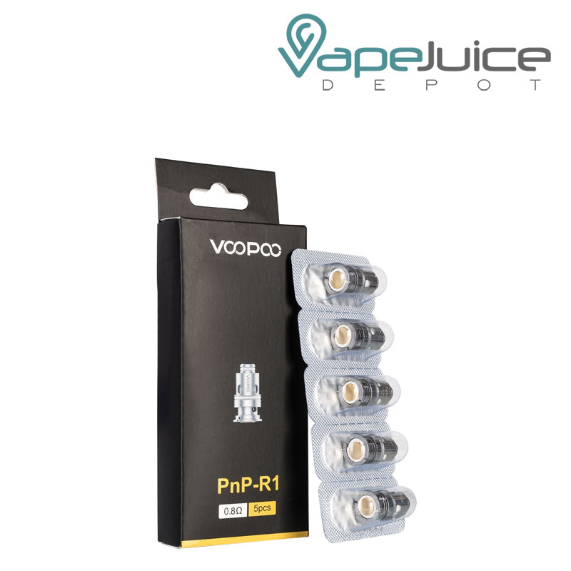 A box of PnP R1 VooPoo PnP Replacement Coils and five pack coils next to it - Vape Juice Depot