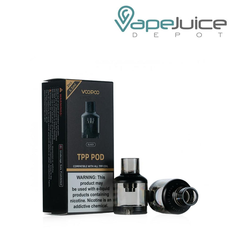 A box of VooPoo TPP Replacement Pods with a warning sign and two pods next to the box - Vape Juice Depot
