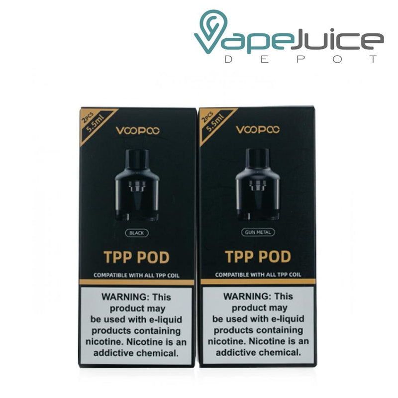 Two boxes of VooPoo TPP Replacement Pods with a Warning sign on it - Vape Juice Depot