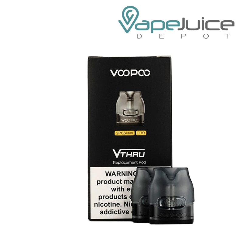 A Box of VooPoo VMate V2 Replacement Pods 0.7ohm with a warning sign and two pods next to it - Vape Juice Depot