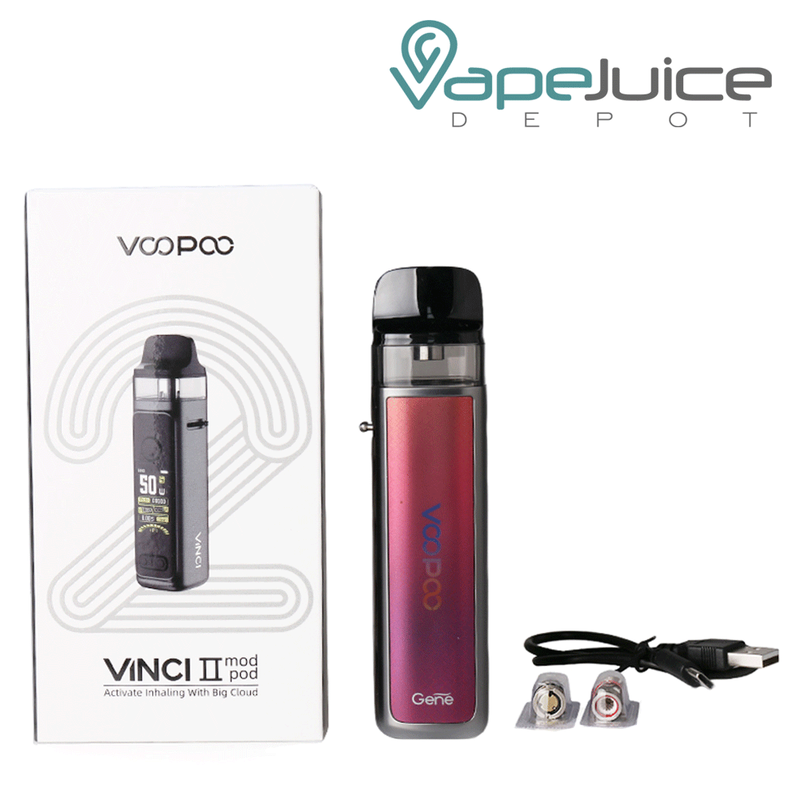 VooPoo VINCI 2 Pod Mod Kit, usb cable, coils and its box next to it - Vape Juice Depot