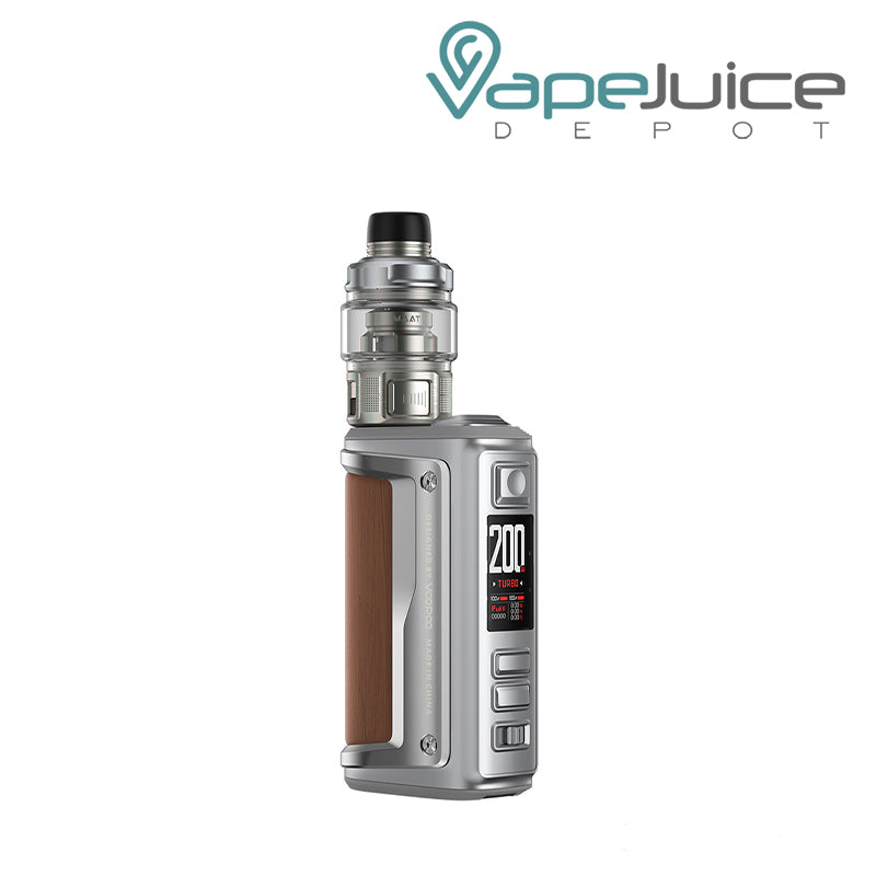 Silver Grey VooPoo ARGUS GT 2 200W Kit with TFT display, a firing button and two adjustment buttons  - Vape Juice Depot