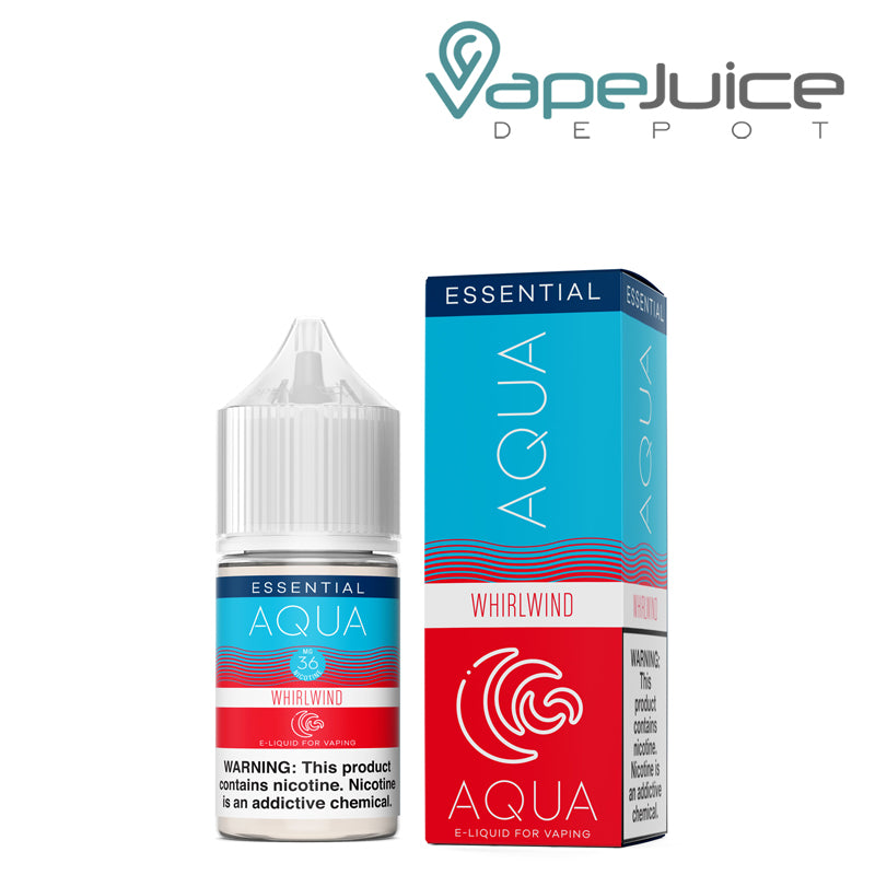 A 30ml bottle of WHIRLWIND AQUA Synthetic Salts 36mg with a warning sign and a box  next to it - Vape Juice Depot
