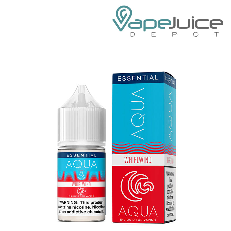 A 30ml bottle of WHIRLWIND AQUA Synthetic Salts 48mg with a warning sign and a box  next to it - Vape Juice Depot