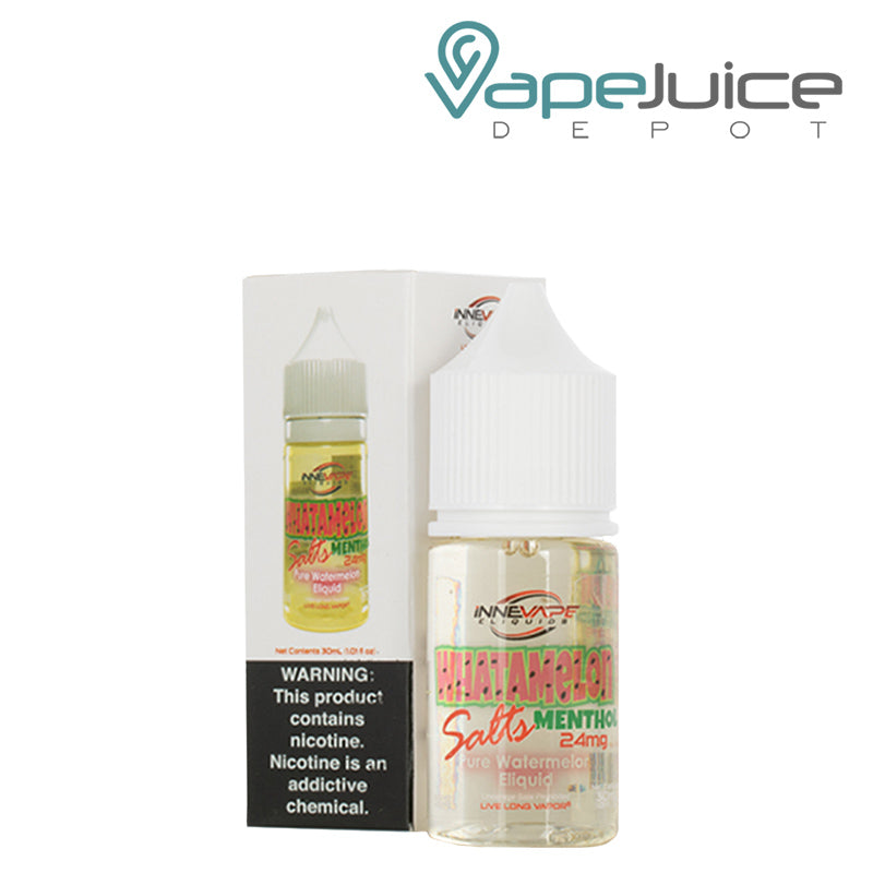 A box of Watermelon Menthol Innevape Salts with a warning sign and a 30ml bottle next to it - Vape Juice Depot