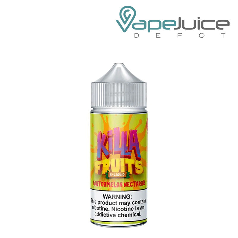 A 100ml bottle of Watermelon Nectarine Killa Fruits Signature TFN eLiquid with a warning sign - Vape Juice Depot