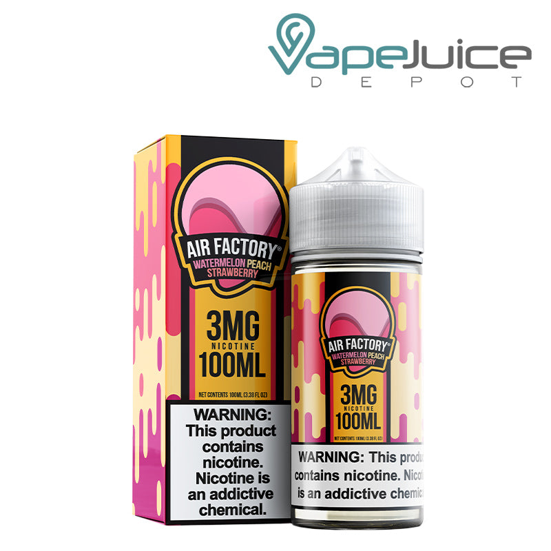 A Box of Watermelon Peach Strawberry Air Factory Synthetic eLiquid 3mg with a warning sign and a 100ml bottle next to it - Vape Juice Depot