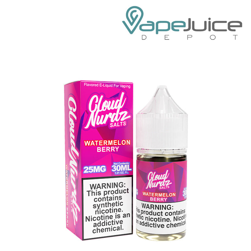 A box of Watermelon Berry TFN Salts Cloud Nurdz and a 30ml bottle with a warning sign next to it - Vape Juice Depot