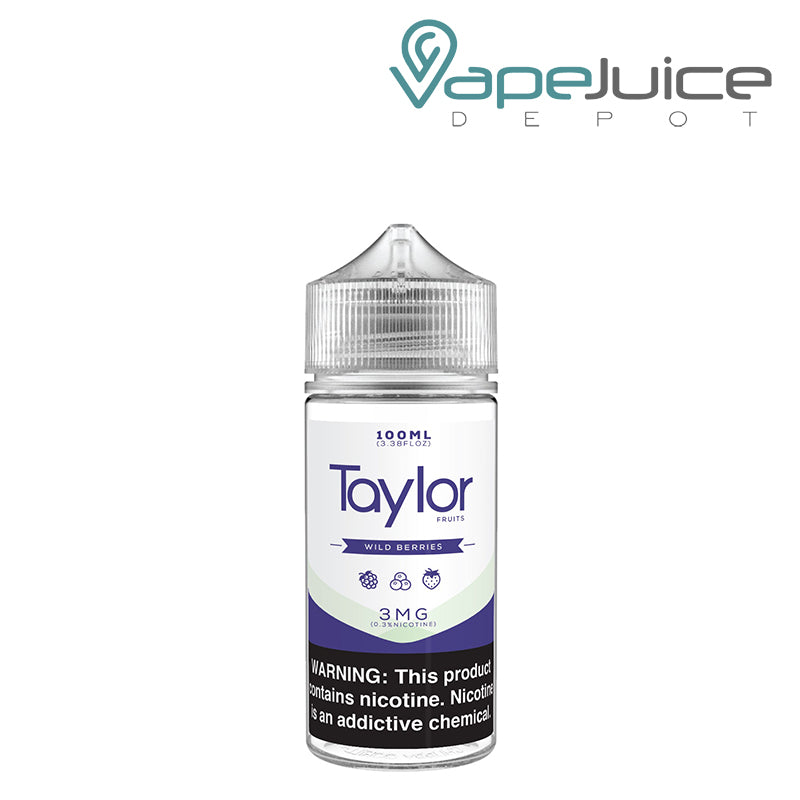A 100ml bottle of Wild Berries Taylor Flavors with a warning sign - Vape Juice Depot