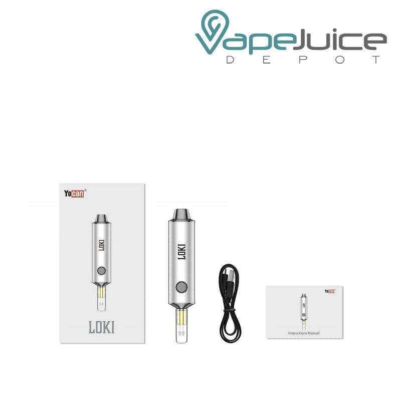 A box of Yocan Loki Vaporizer Kit and kit, USB charger and user manual next to it - Vape Juice Depot