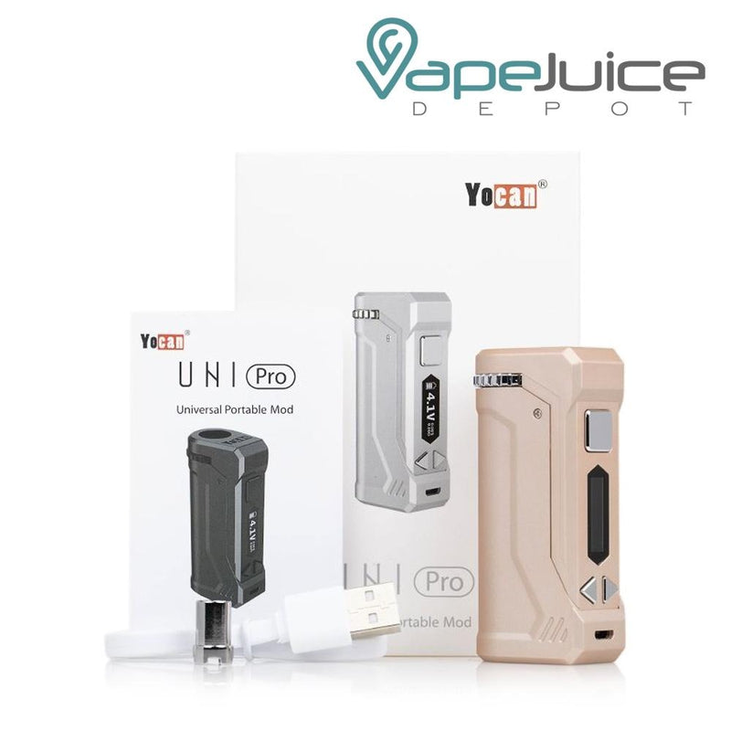 Yocan UNI Pro Box Mod, a usb cable, a coil and a box next to it - Vape Juice Depot