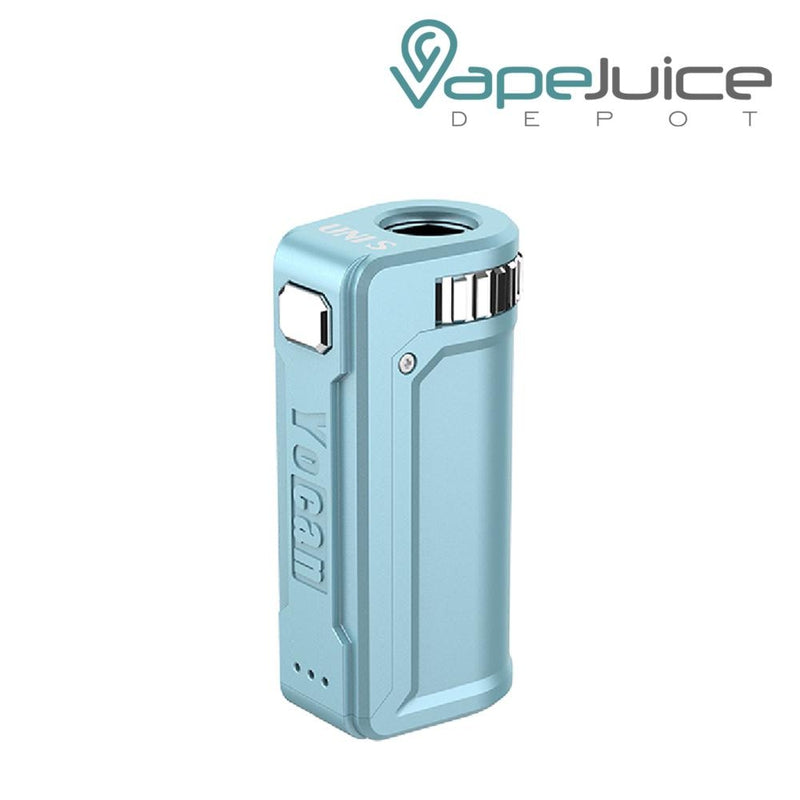 Powder Blue Yocan UNI S Box Mod Vaporizer with an intuitive firing button, LED indicatior light and a Yocan Logo - Vape Juice Depot