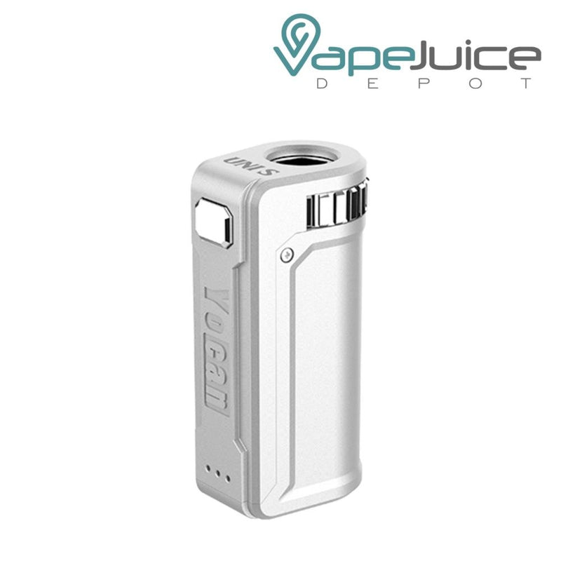 Silver Yocan UNI S Box Mod Vaporizer with an intuitive firing button, LED indicatior light and a Yocan Logo - Vape Juice Depot