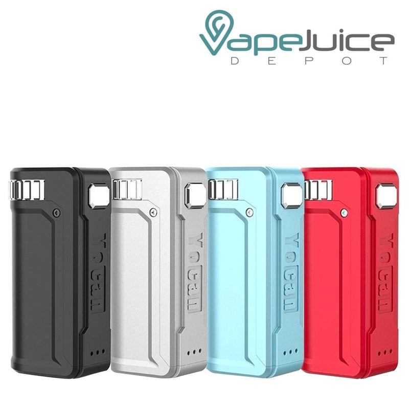 Four colors of Yocan UNI S Box Mod Vaporizer with an intuitive firing button, LED indicatior light and a Yocan Logo - Vape Juice Depot