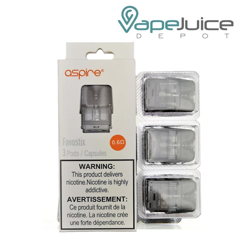 0.6ohm Aspire Favostix Replacement Pods' box with a warning sign and three pods next to it - Vape Juice Depot