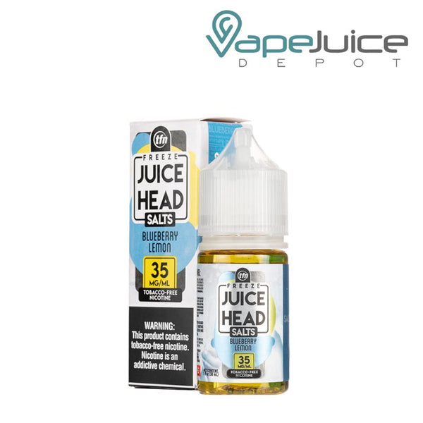 A box of Blueberry Lemon TFN Salts Juice Head Freeze with a warning sign and a 30ml bottle next to it - Vape Juice Depot