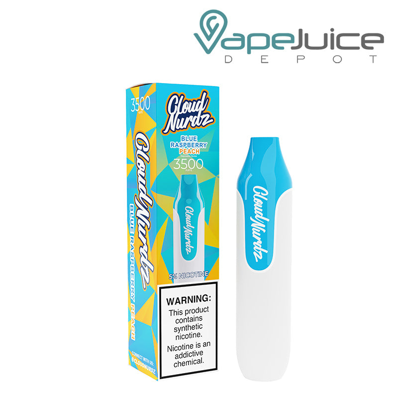 Blue Raspberry Peach Cloud Nurdz 3500 Disposable with a warning sign  - Vape Juice Depot