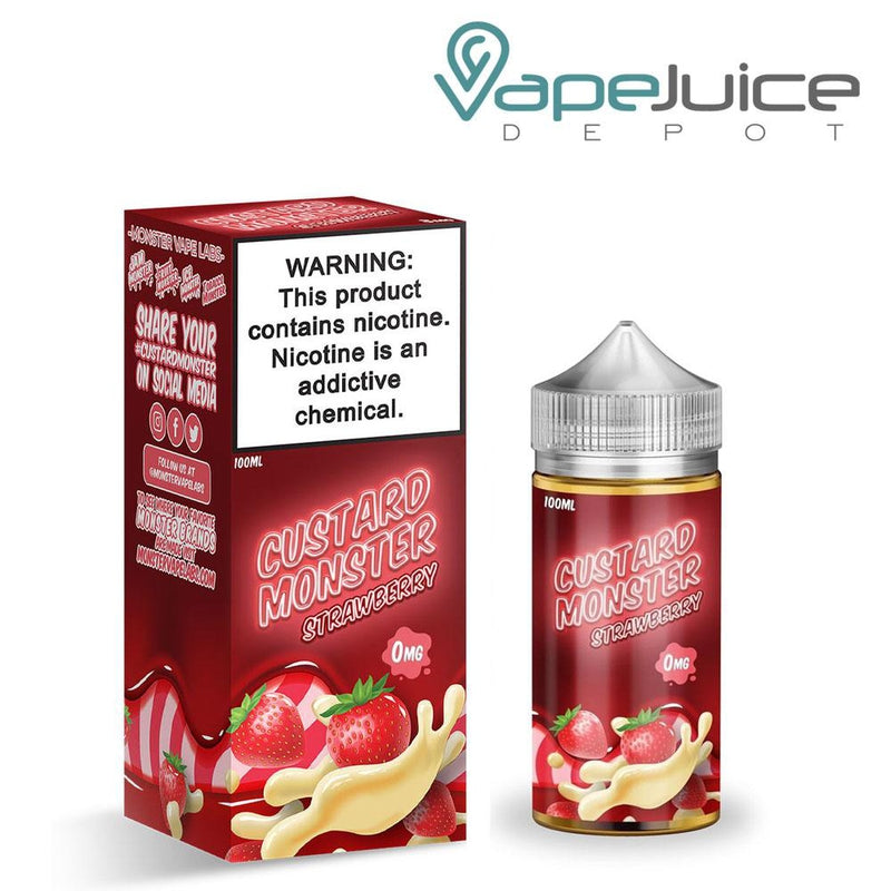 A box of Strawberry Custard Monster eLiquid with a warning sign and a 100ml bottle next to it - Vape Juice Depot
