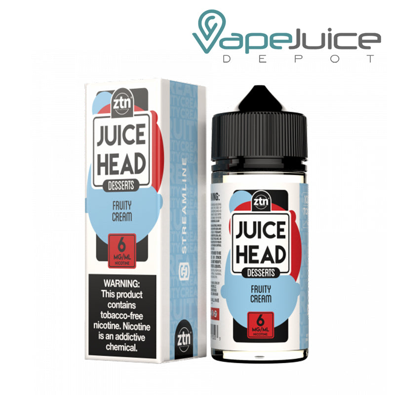 A box of Fruity Cream ZTN Juice Head with a warning sign and a 100ml bottle next to it - Vape Juice Depot