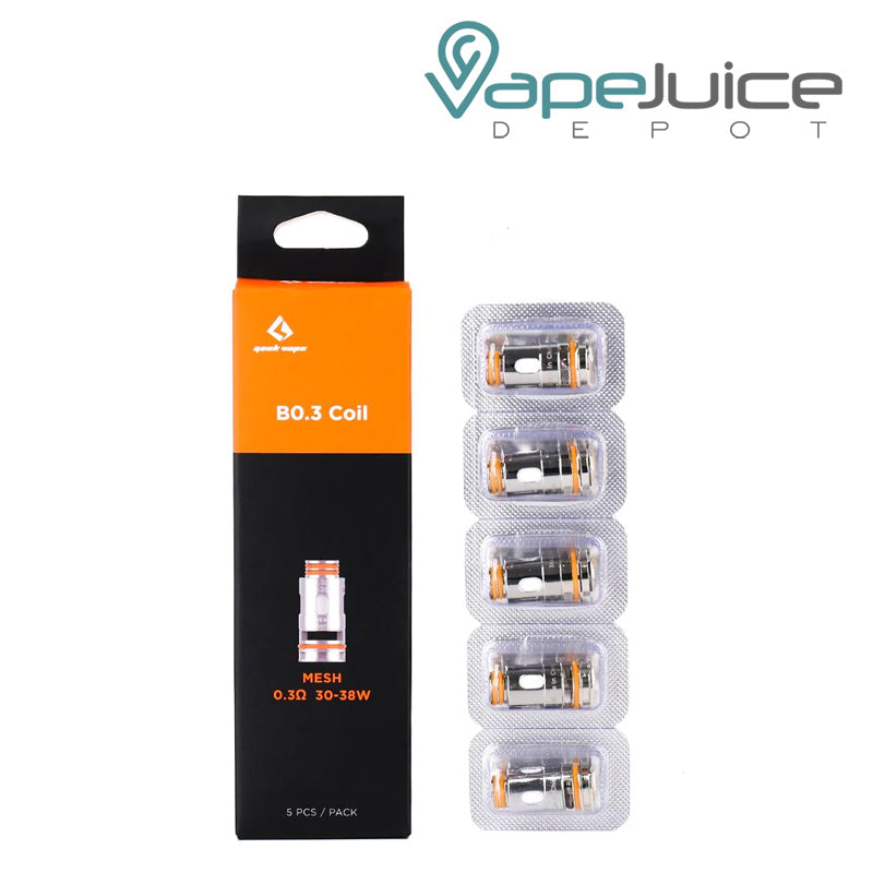 A box of GeekVape B Series Replacement Coils 0.3ohm and a pack of 5 coils next to it - Vape Juice Depot